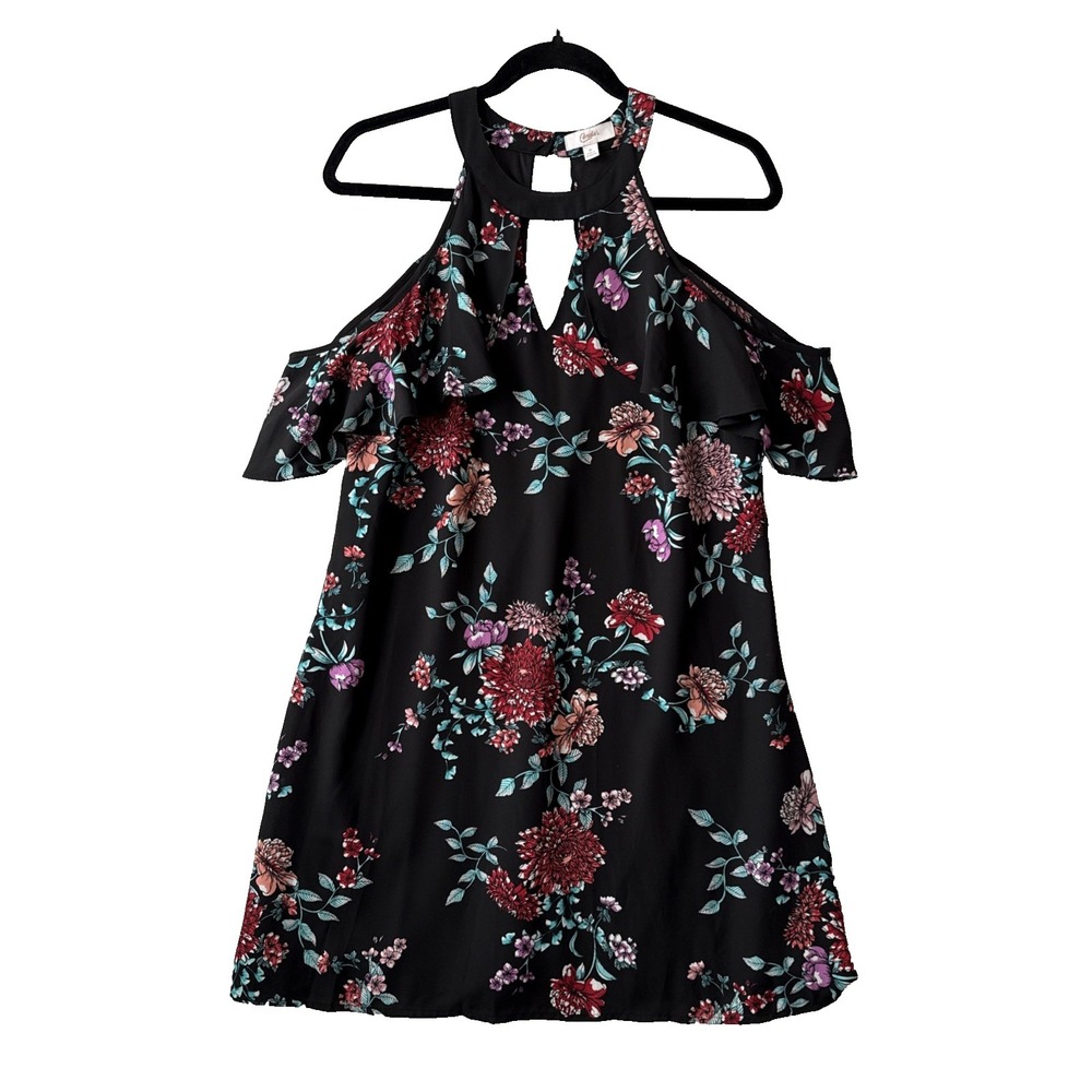 Candie's Floral Flutter Cold Shoulder Halter Neck A Line Dress M Cottage Fairy